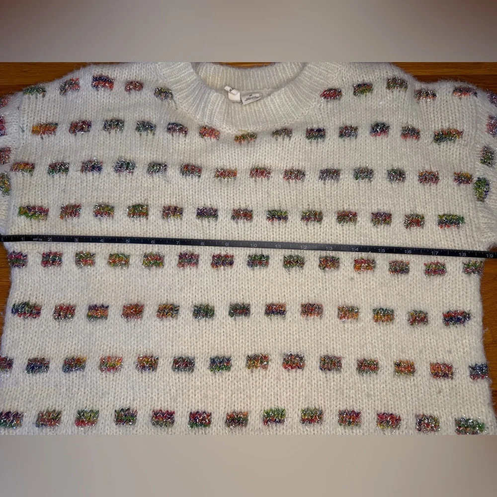 Moth Anthropologie Cream Knit Sweater Rainbow Confetti Fuzzy Cozy Pullover XS - Picture 7 of 11